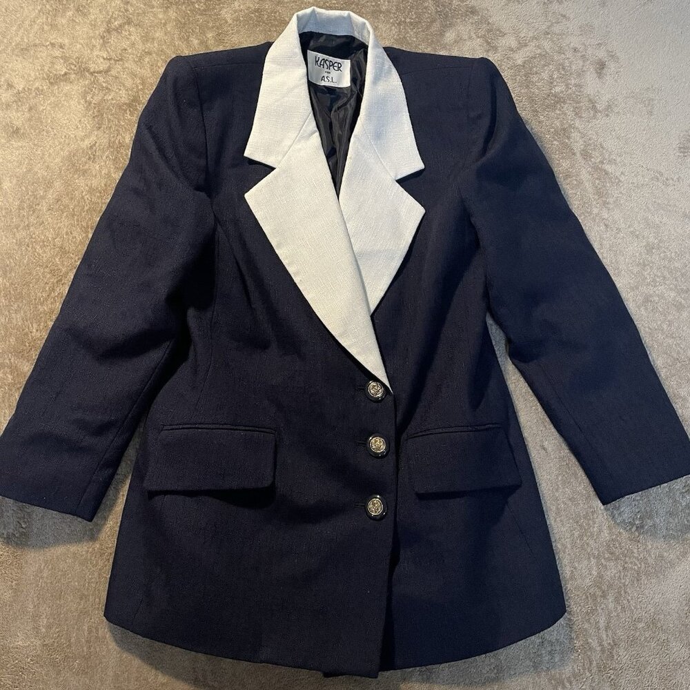 KASPER Blazer Womens 10 Navy Blue Colorblock Gold Buttons Professional Jacket